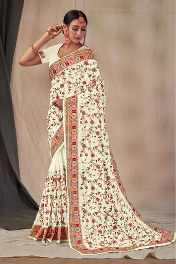 Georgette Embroidery Saree In White Colour - SR1543400