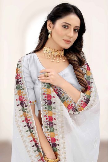 Georgette Embroidery Saree In White Colour - SR4690656