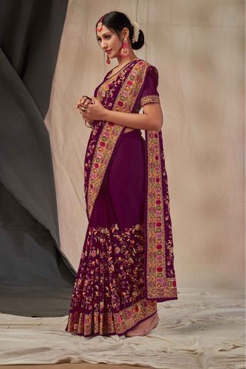 Georgette Embroidery Saree In Wine Colour - SR1543404