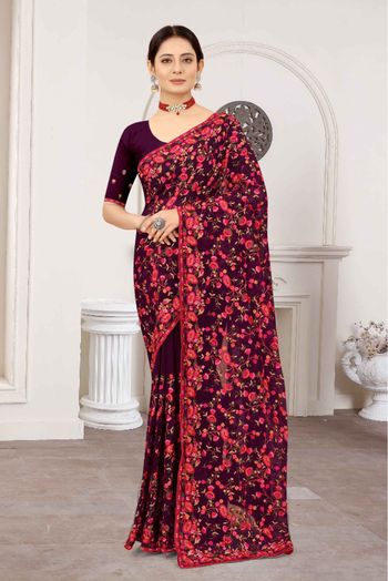 Georgette Embroidery Saree In Wine Colour - SR4690642