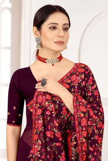 Georgette Embroidery Saree In Wine Colour - SR4690642