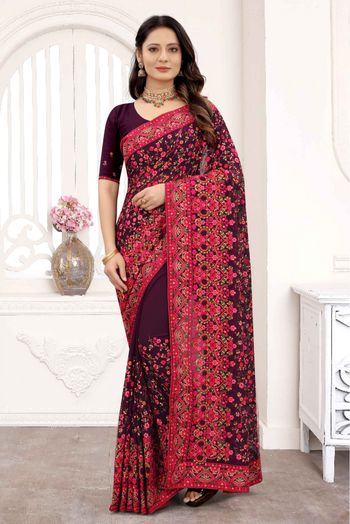 Georgette Embroidery Saree In Wine Colour - SR4690651