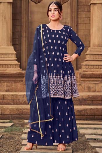Georgette Embroidery Sharara Suit In Navy Blue Colour - SM1357279