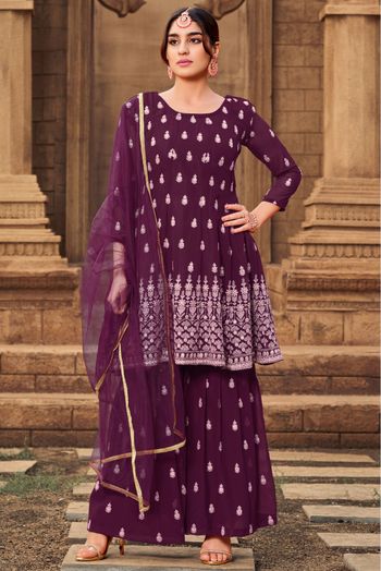 Georgette Embroidery Sharara Suit In Purple Colour - SM1357276