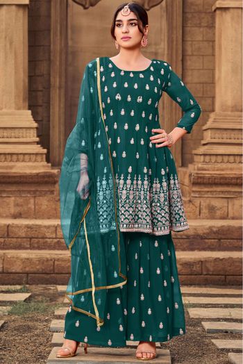 Georgette Embroidery Sharara Suit In Teal Green Colour - SM1357277