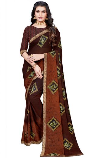 Georgette Printed Saree In Brown Colour - SR4840231