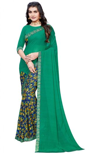 Georgette Printed Saree In Green And Blue Colour - SR4840220