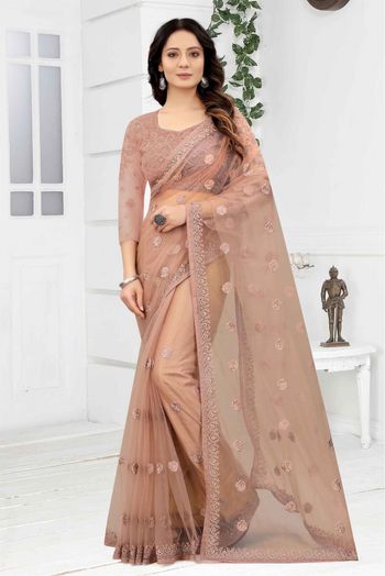 Net Embroidery Saree In Beige Colour - SR1543365