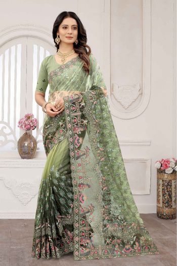 Net Embroidery Saree In Mehendi Green Colour - SR1543379