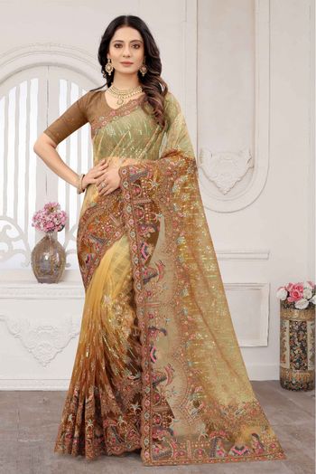 Net Embroidery Saree In Mustard Colour - SR1543378