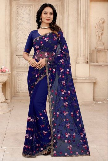 Net Embroidery Saree In Navy Blue Colour - SR4690692