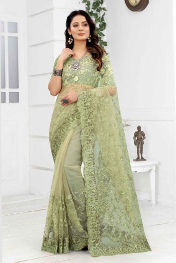 GRUHNAREE PISTA GREEN EMBROIDERED SEQUNCE WORK SILK SAREE WITH BLOUSE -  GRUHNAREE - 4061046