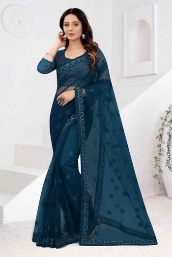 Net Embroidery Saree In Teal Blue Colour - SR1543361