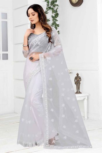 Net Embroidery Saree In White Colour - SR1543364