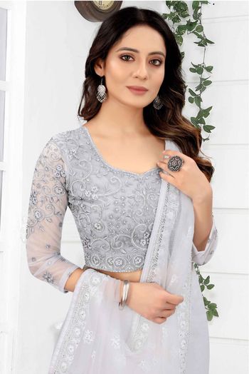 Net Embroidery Saree In White Colour - SR1543364