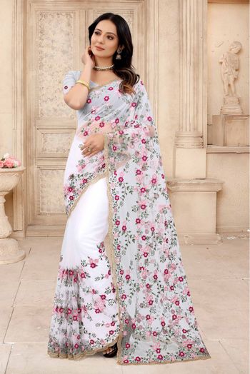 Net Embroidery Saree In White Colour - SR4690685