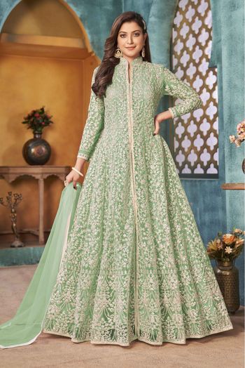 Net Sequins Work Anarkali Suit In Green Colour-SM1640747