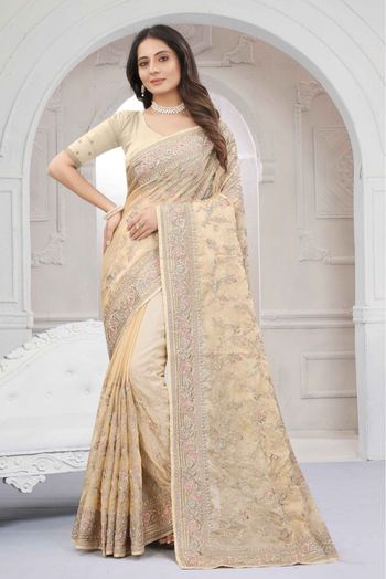 Buy Beige Dola Silk Saree With Lurex Zari Stripes And Contrast Unstitched  Blouse Piece