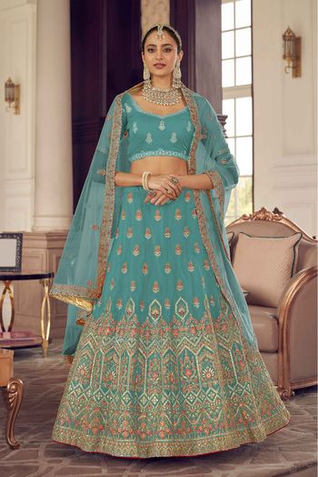 Organza Thread Work Lehenga Choli In Blue Colour - LD4900848