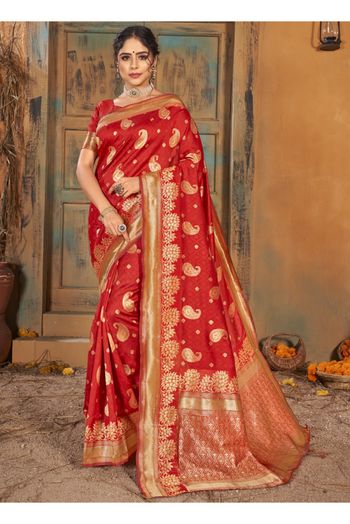 Silk Blend Woven Saree In Red Colour - SR4840074