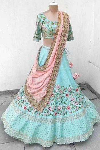 Silk Satin Embroidery Lehenga Choli In Sky Blue Colour - LD3880350