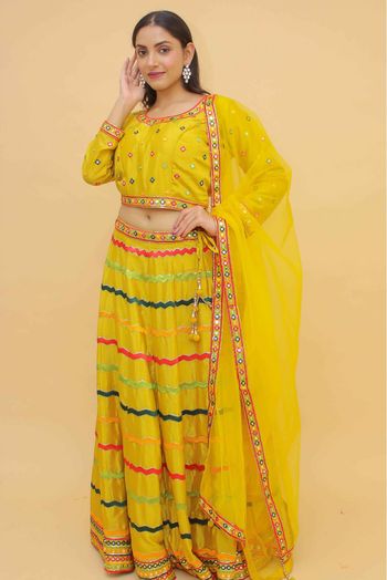 Stitched Chiffon Sequins Work Lehenga Choli In Mustard Colour - LD4900886