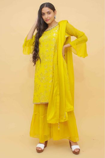 Stitched Chiffon Sequins Work Sharara Suit In Yellow Colour - SS4900905