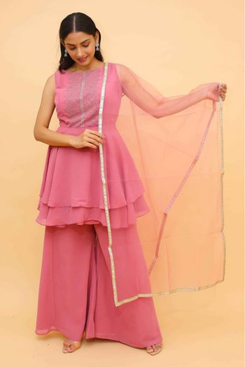 Stitched Georgette Swarovski Work Palazzo Pant Suit In Baby Pink Colour - SS4900903