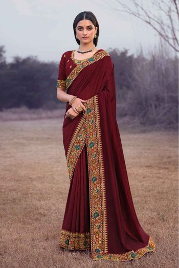 Vichitra Silk Embroidery Saree In Maroon Colour - SR3161835