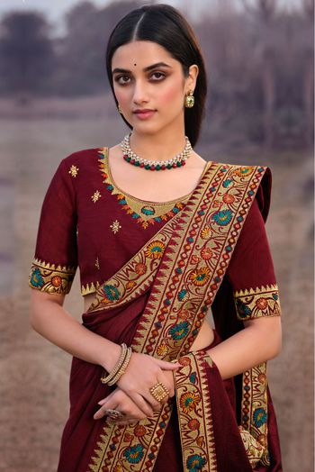 Vichitra Silk Embroidery Saree In Maroon Colour - SR3161835