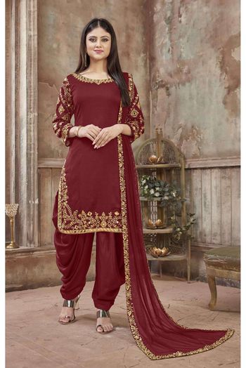 Art Silk Embroidery Patiala Suit In Maroon Colour - SM1640844
