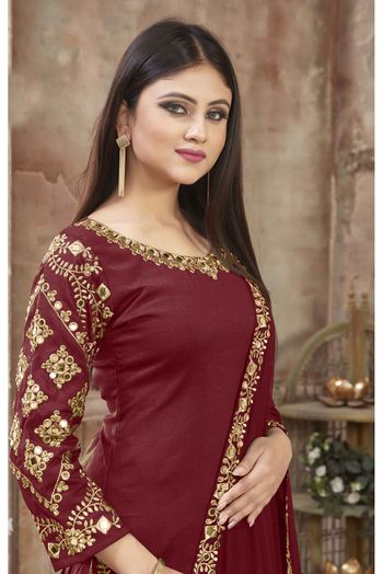 Art Silk Embroidery Patiala Suit In Maroon Colour - SM1640844