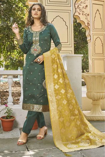 Banarasi Jacquard Woven Pant Style Suit In Green Colour - SM1357770