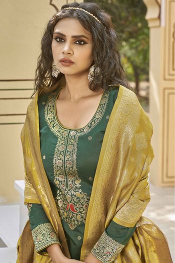 Banarasi Jacquard Woven Pant Style Suit In Green Colour - SM1357770