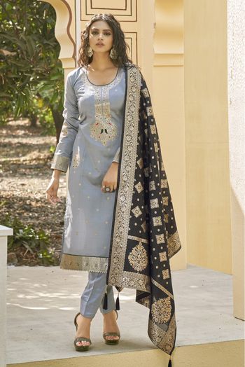 Banarasi Silk Woven Pant Style Suit In Royal Blue Colour