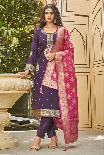 Banarasi Jacquard Woven Pant Style Suit In Purple Colour - SM1357773