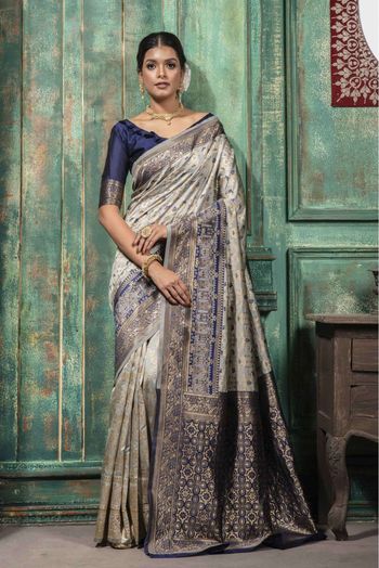 Banarasi Silk Blend Woven Saree In Grey Colour - SR1357837