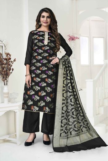 Banarasi Silk Woven Palazzo Pant Suit In Black Colour - SM5415514