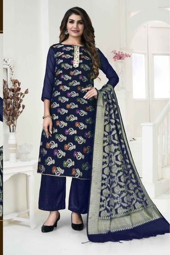 Banarasi Silk Woven Palazzo Pant Suit In Blue Colour - SM5415513