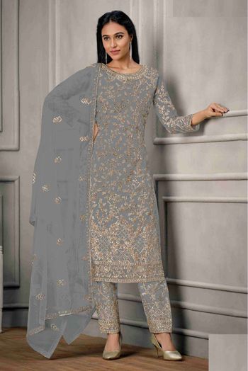 Butterfly Net Embroidery Pant Style Suit In Grey Colour - SM5641732