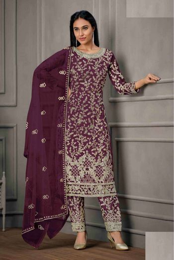 Butterfly Net Embroidery Pant Style Suit In Purple Colour - SM5641735