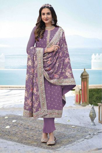 Chinon And Georgette  Embroidery Pant Style Suit In Purple Colour - SM5641702