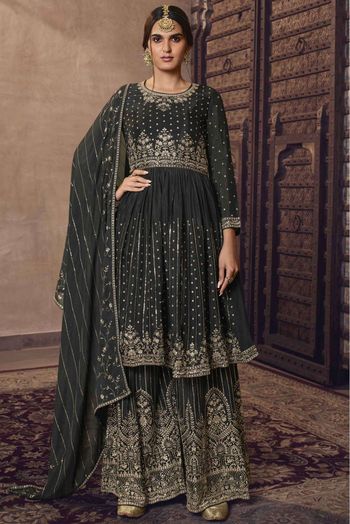 Chinon Chiffon Thread Work Sharara Suit In Grey Colour - SM5641723