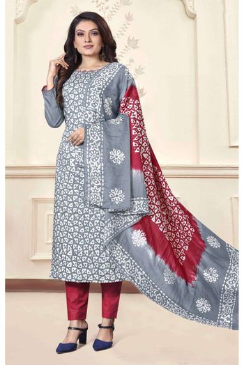 Cotton Printed Pant Style Suit In Grey Colour - SM5416090