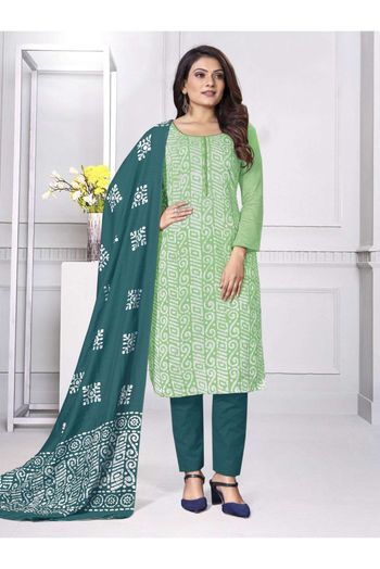 Cotton Printed Pant Style Suit In Pista Green Colour - SM5416065