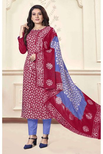 Cotton Printed Pant Style Suit In Red Colour - SM5416093