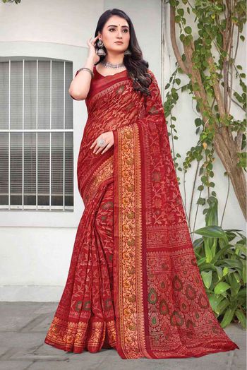 Buy PinkLoom Women's Cotton Katha Stich Saree Red with Unstitched Blouse  online