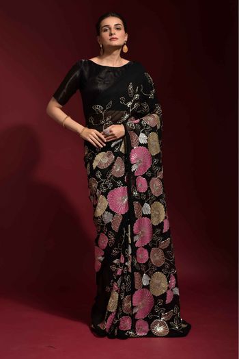 Georgette Embroidery Saree In Black Colour - SR5415536