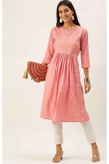 Cotton Slub Party Wear Kurti In Peach Colour - KR5480567