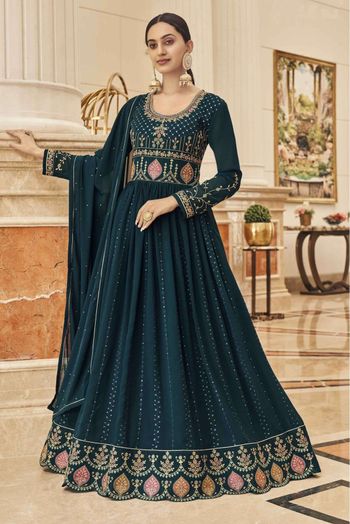 Faux Georgette Embroidery Anarakali Suit In Teal Blue Colour - SM5415934